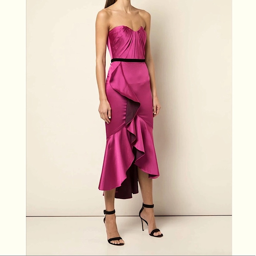 MARCHESA NOTTE mikado sweetheart draped hi-low strapless ruffle dress
